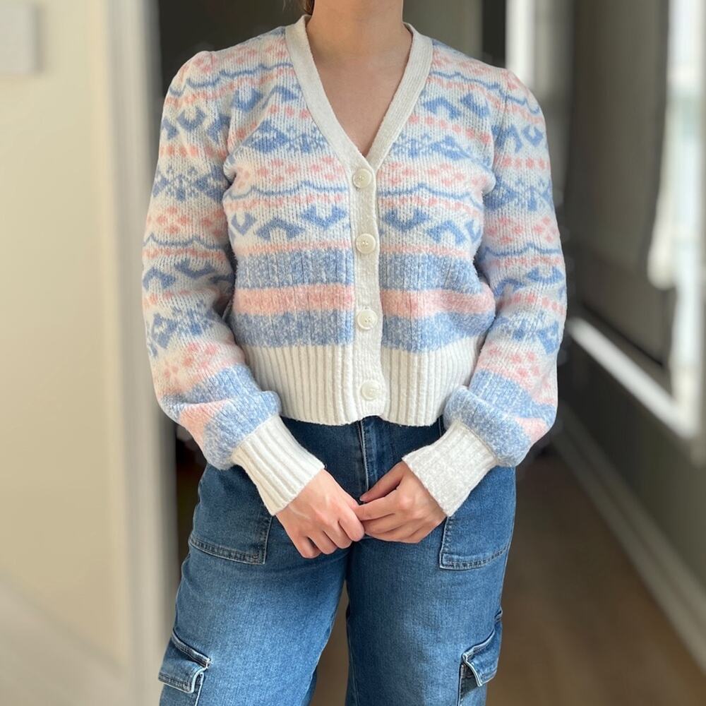 Blue Rain Pastel Fair Isle Puff Sleeve Cardigan Small Cropped